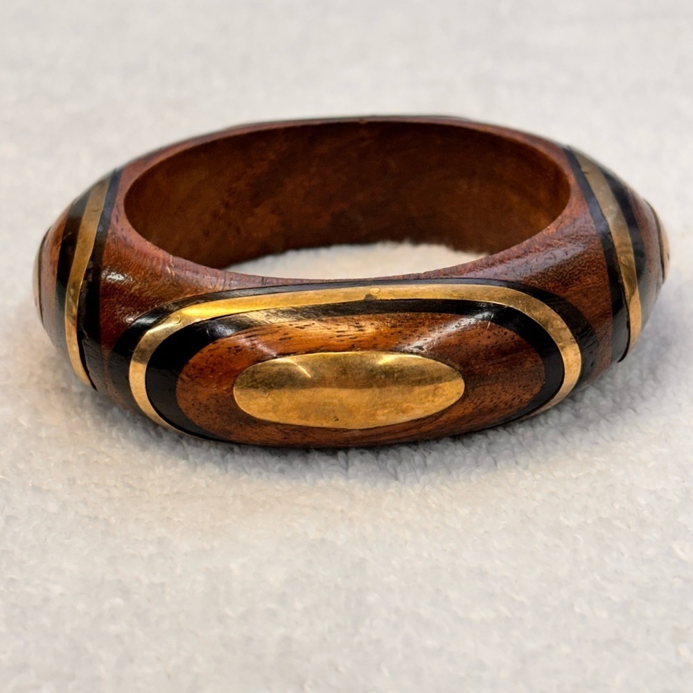 Vintage Chunky Wood & Brass Inlaid Tribal Bangle Bracelet Retro Statement